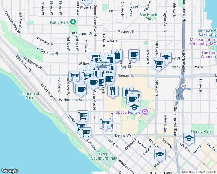 map of restaurants, bars, coffee shops, grocery stores, and more near 472 1st Avenue North in Seattle