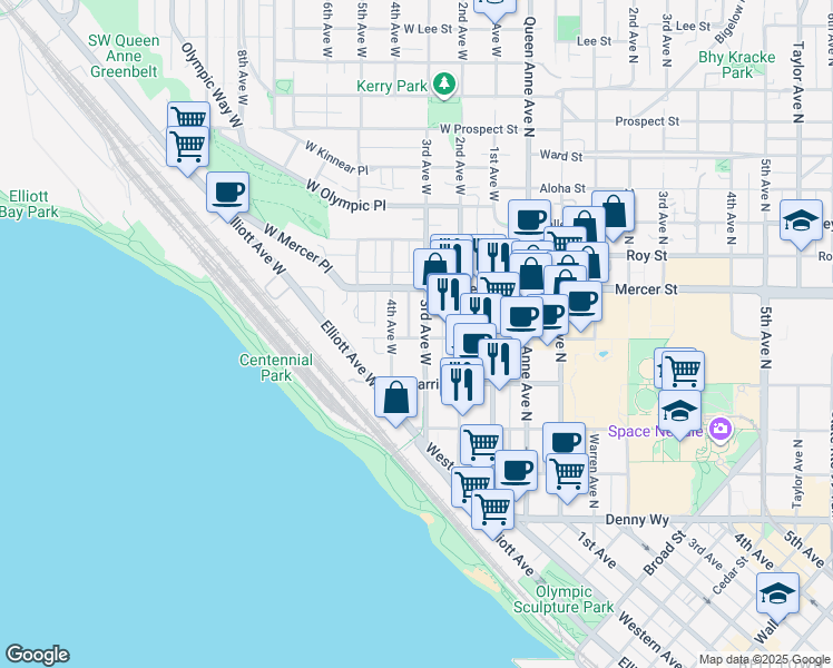 map of restaurants, bars, coffee shops, grocery stores, and more near 310 West Republican Street in Seattle