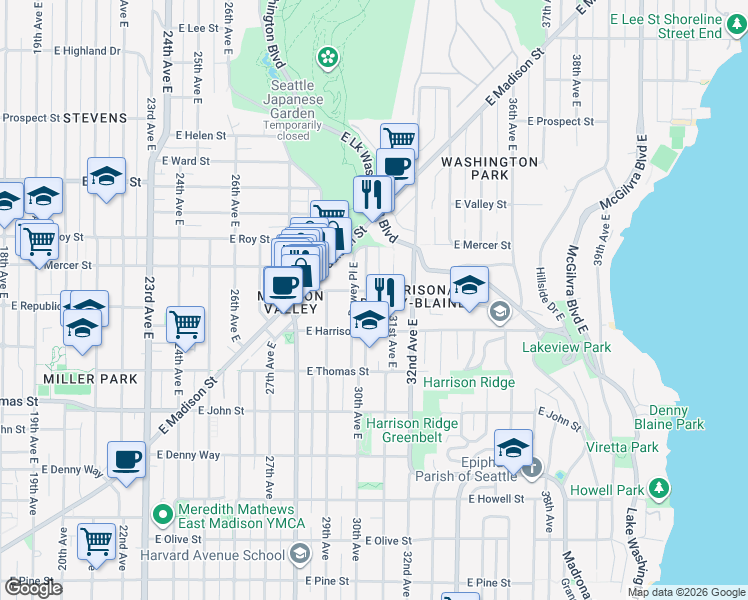 map of restaurants, bars, coffee shops, grocery stores, and more near 432 Dewey Place East in Seattle