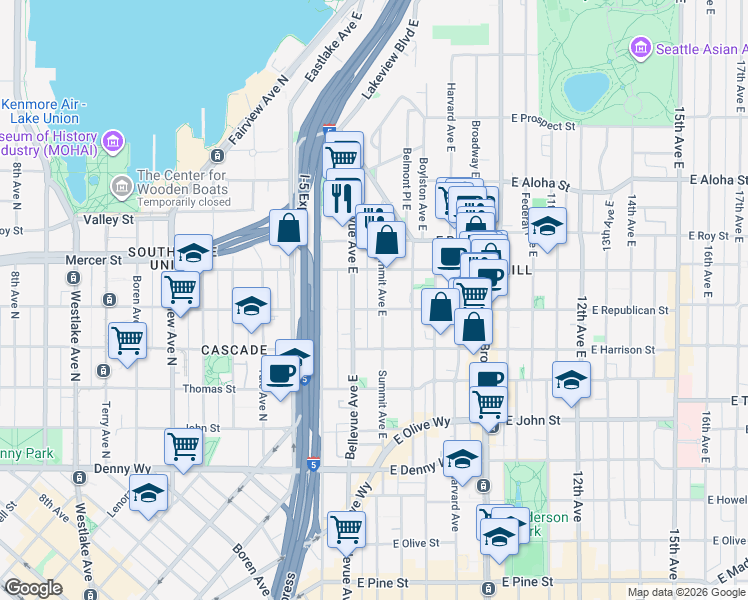 map of restaurants, bars, coffee shops, grocery stores, and more near in Seattle