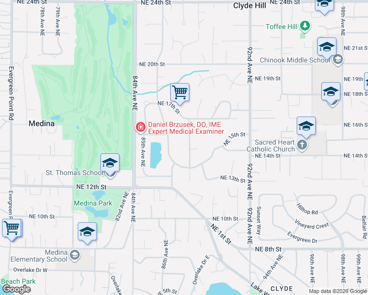 map of restaurants, bars, coffee shops, grocery stores, and more near 8820 Northeast 15th Place in Clyde Hill