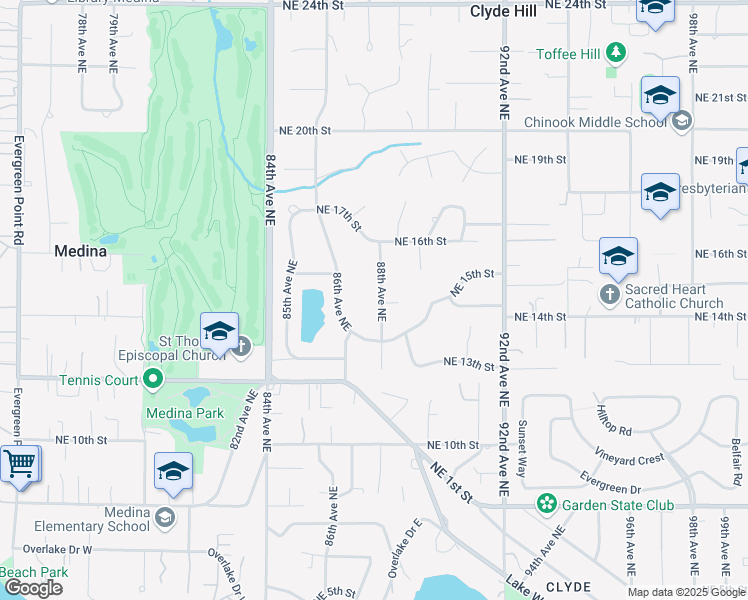 map of restaurants, bars, coffee shops, grocery stores, and more near 1441 88th Avenue Northeast in Clyde Hill