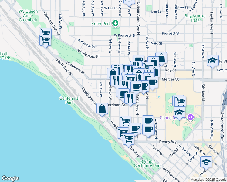 map of restaurants, bars, coffee shops, grocery stores, and more near 500 3rd Avenue West in Seattle