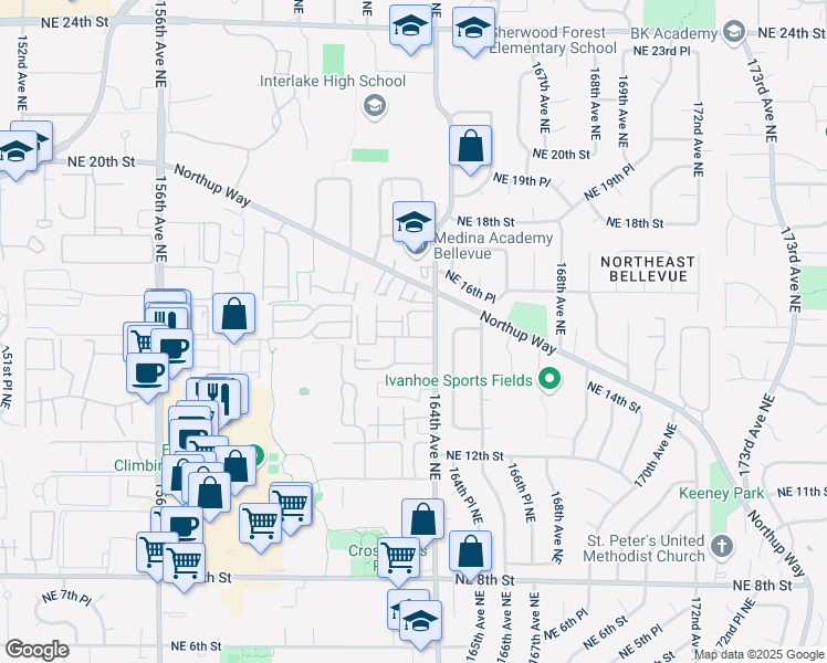 map of restaurants, bars, coffee shops, grocery stores, and more near 1505 164th Avenue Northeast in Bellevue