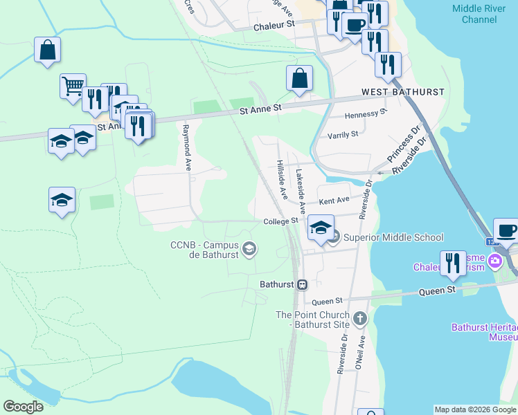 map of restaurants, bars, coffee shops, grocery stores, and more near 740 College Street in Bathurst