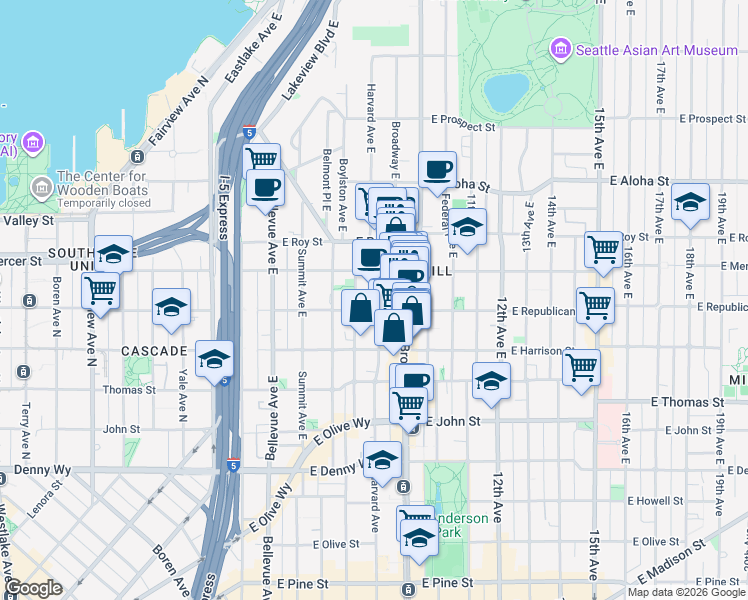 map of restaurants, bars, coffee shops, grocery stores, and more near 507 Harvard Avenue East in Seattle