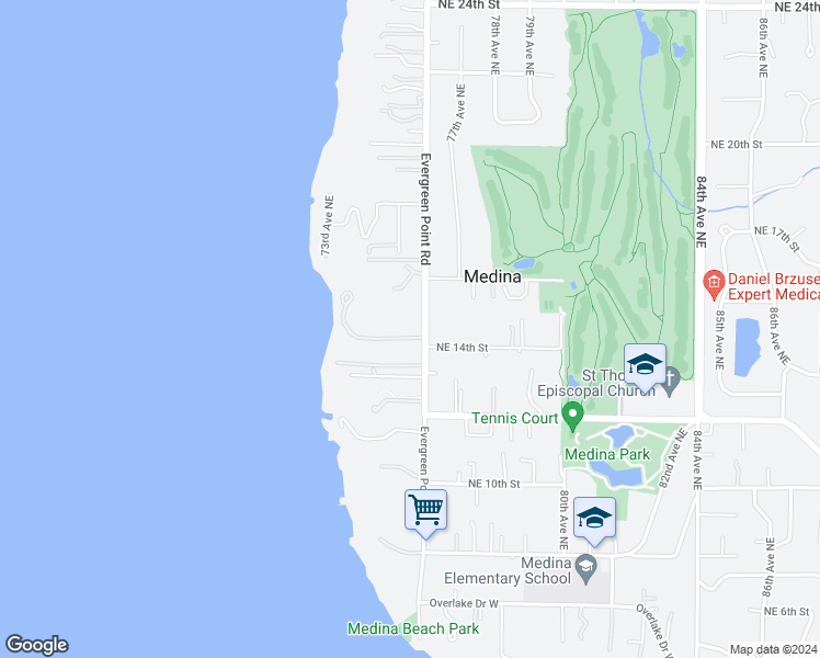map of restaurants, bars, coffee shops, grocery stores, and more near 1405 Evergreen Point Road in Medina