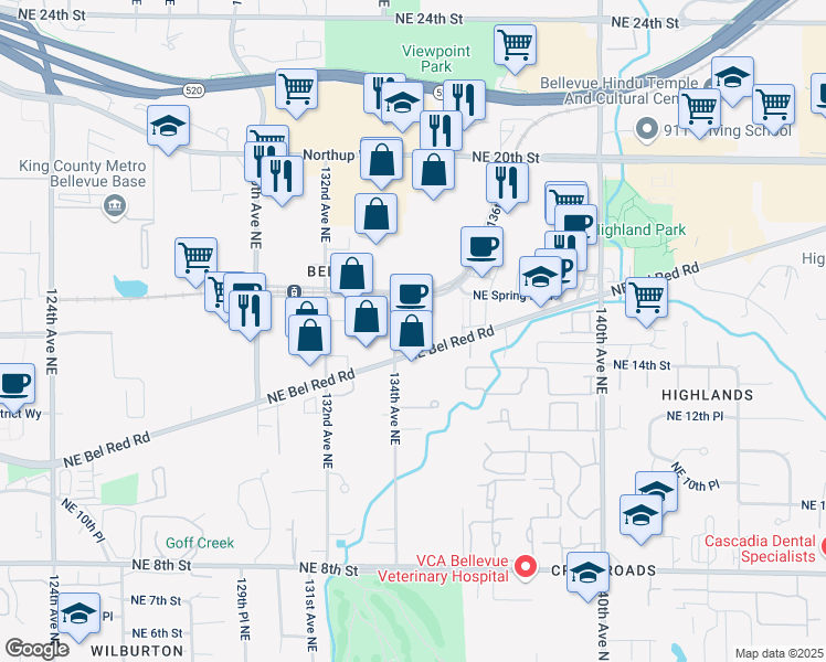 map of restaurants, bars, coffee shops, grocery stores, and more near 13500 Bel-Red Road in Bellevue
