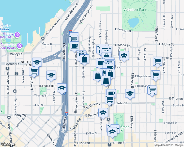 map of restaurants, bars, coffee shops, grocery stores, and more near in Seattle