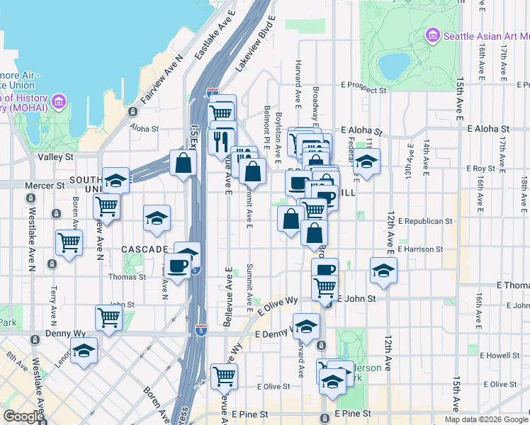 map of restaurants, bars, coffee shops, grocery stores, and more near in Seattle