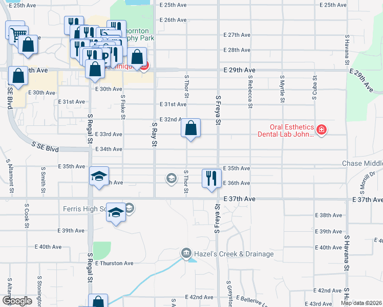 map of restaurants, bars, coffee shops, grocery stores, and more near 3408 East 34th Avenue in Spokane