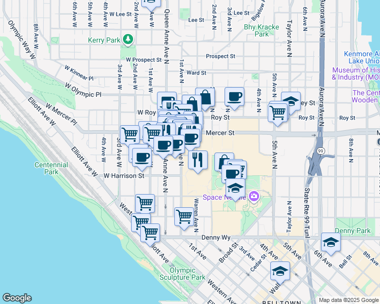 map of restaurants, bars, coffee shops, grocery stores, and more near 118 Republican Street in Seattle