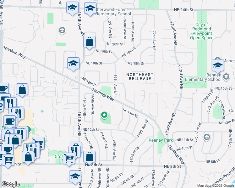 map of restaurants, bars, coffee shops, grocery stores, and more near 1516 168th Avenue Northeast in Bellevue