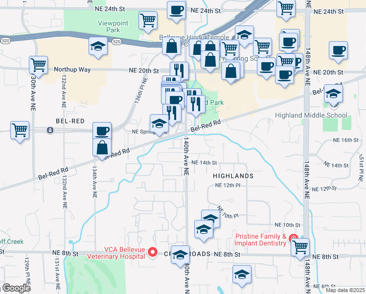 map of restaurants, bars, coffee shops, grocery stores, and more near 1520 139th Court Northeast in Bellevue