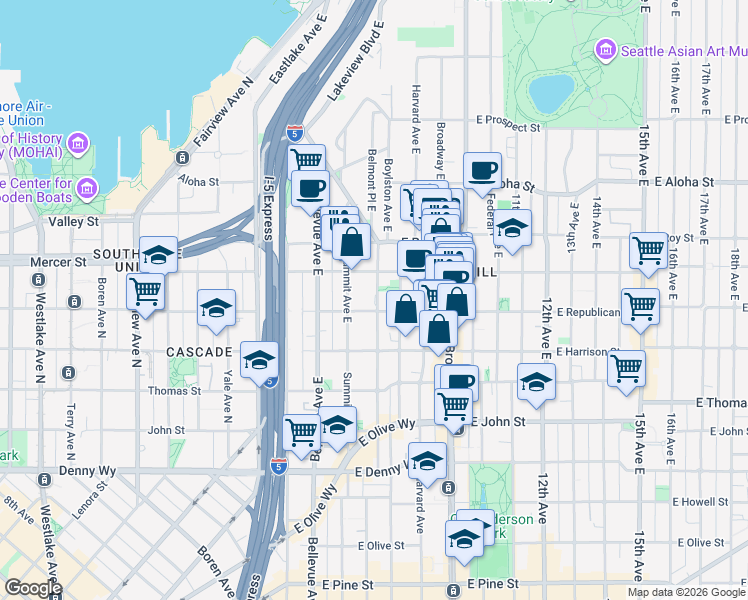map of restaurants, bars, coffee shops, grocery stores, and more near in Seattle