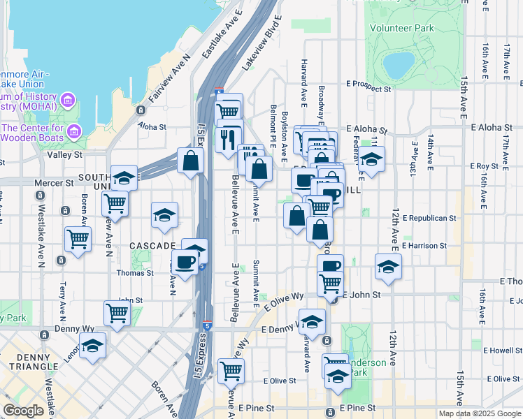 map of restaurants, bars, coffee shops, grocery stores, and more near 508 Summit Avenue East in Seattle