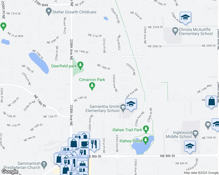 map of restaurants, bars, coffee shops, grocery stores, and more near 23146 Northeast 15th Court in Sammamish