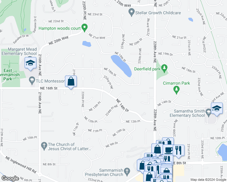 map of restaurants, bars, coffee shops, grocery stores, and more near 1418 223rd Place Northeast in Sammamish