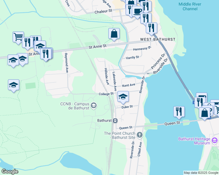 map of restaurants, bars, coffee shops, grocery stores, and more near 135 Hillside Avenue in Bathurst
