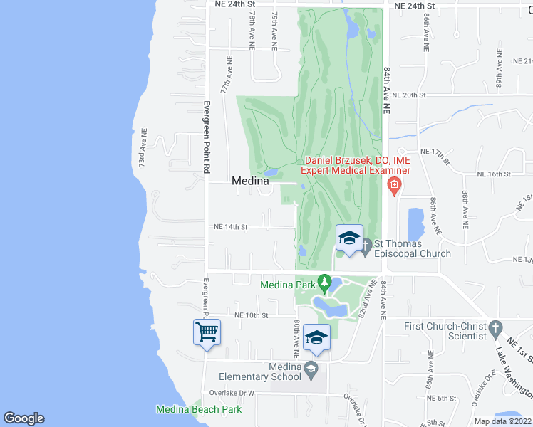 map of restaurants, bars, coffee shops, grocery stores, and more near 7822 Northeast 14th Street in Medina