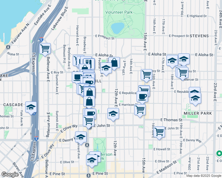 map of restaurants, bars, coffee shops, grocery stores, and more near 510 11th Avenue East in Seattle
