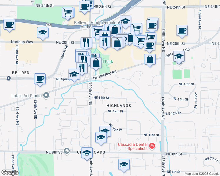 map of restaurants, bars, coffee shops, grocery stores, and more near 1505 143rd Avenue Northeast in Bellevue