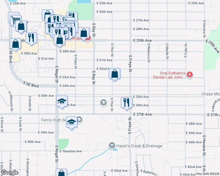 map of restaurants, bars, coffee shops, grocery stores, and more near 3308 East 34th Avenue in Spokane