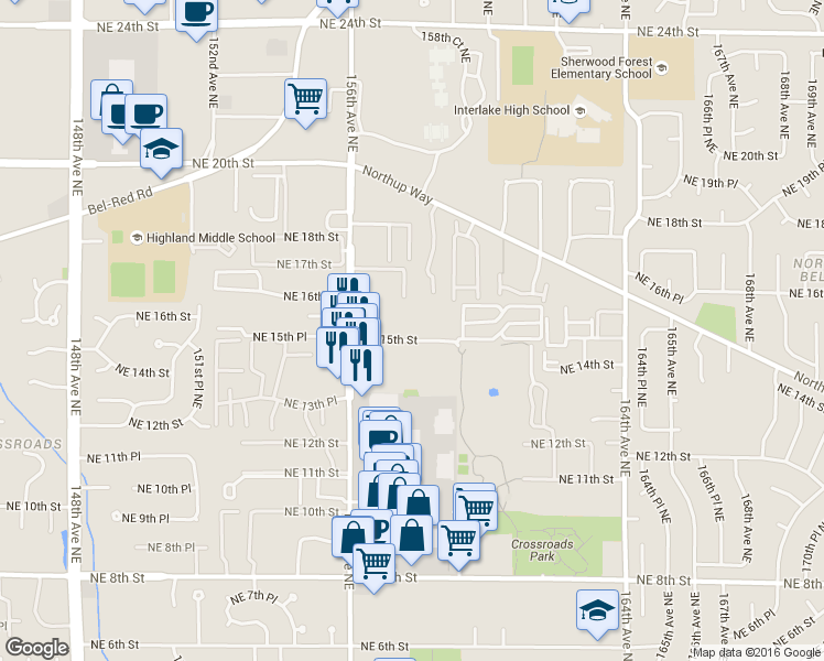 map of restaurants, bars, coffee shops, grocery stores, and more near 15750 Northeast 15th Street in Bellevue