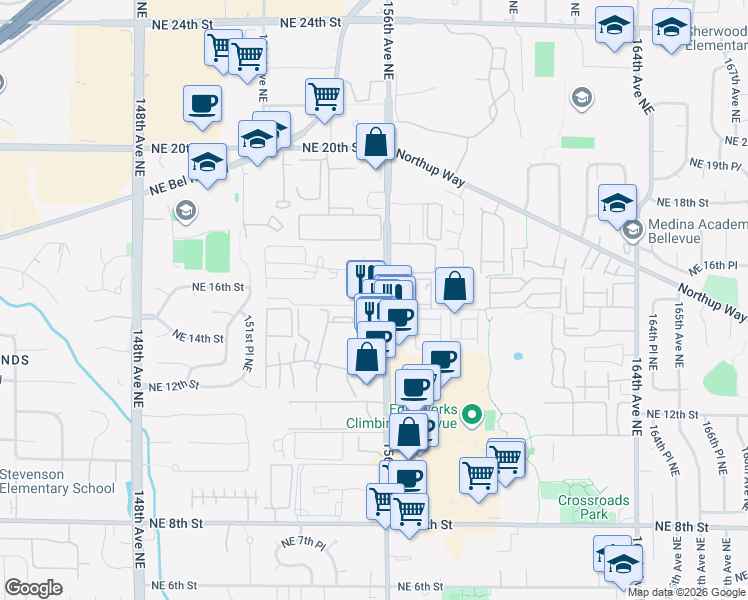 map of restaurants, bars, coffee shops, grocery stores, and more near 1505 156th Avenue Northeast in Bellevue