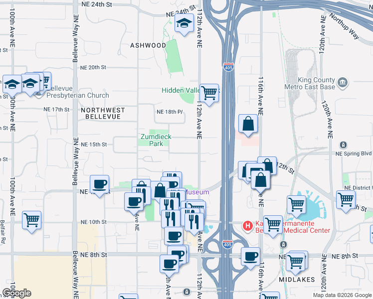 map of restaurants, bars, coffee shops, grocery stores, and more near 11056 Northeast 14th Street in Bellevue