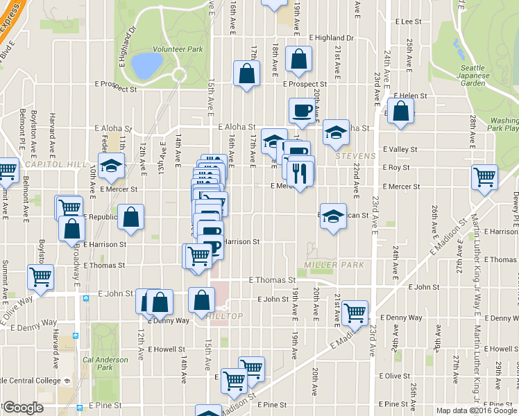 map of restaurants, bars, coffee shops, grocery stores, and more near 513 17th Avenue East in Seattle
