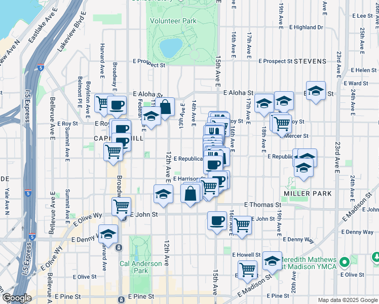 map of restaurants, bars, coffee shops, grocery stores, and more near 512 14th Avenue East in Seattle