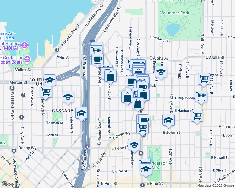 map of restaurants, bars, coffee shops, grocery stores, and more near in Seattle