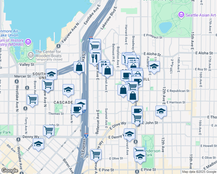 map of restaurants, bars, coffee shops, grocery stores, and more near in Seattle