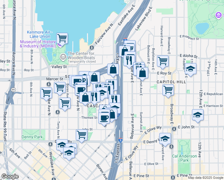 map of restaurants, bars, coffee shops, grocery stores, and more near 501 Eastlake Avenue East in Seattle