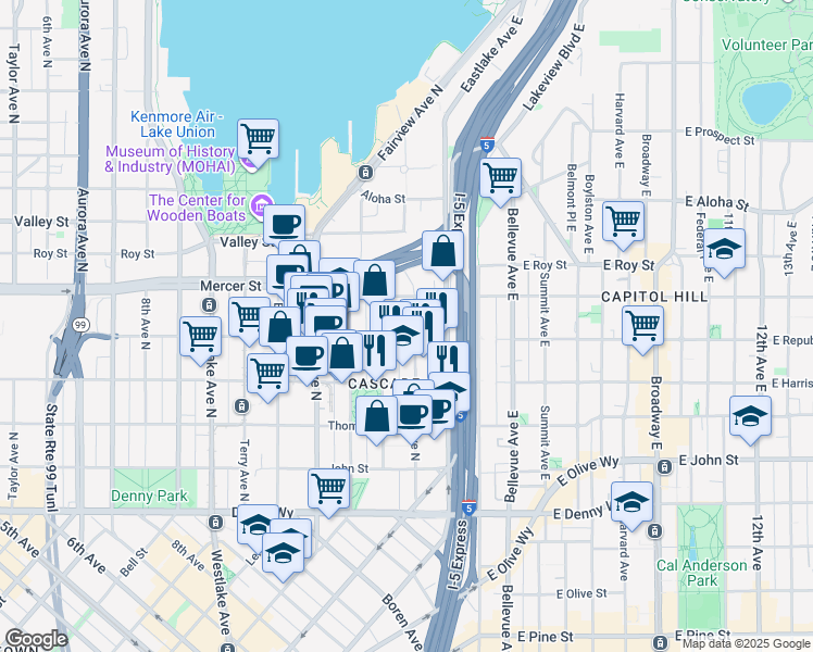 map of restaurants, bars, coffee shops, grocery stores, and more near in Seattle