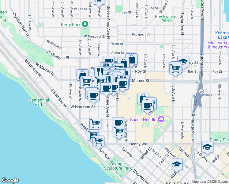 map of restaurants, bars, coffee shops, grocery stores, and more near 500 Queen Anne Avenue North in Seattle