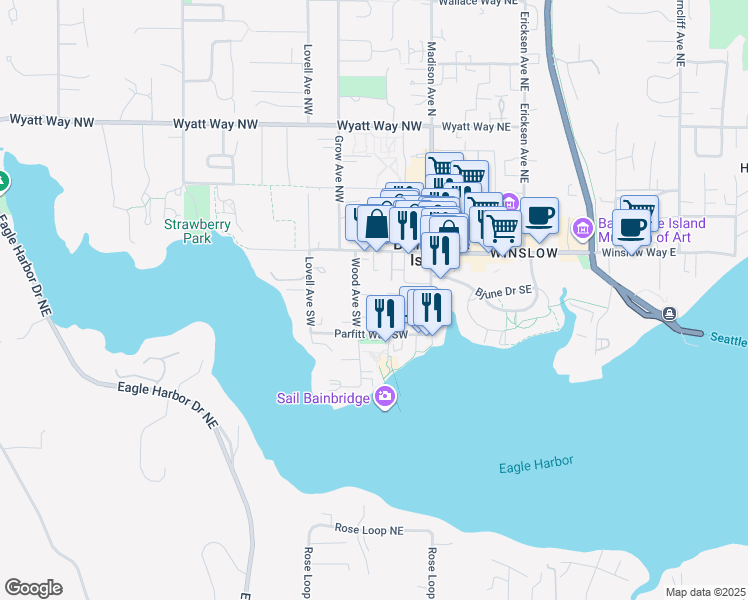 map of restaurants, bars, coffee shops, grocery stores, and more near 234 Wood Avenue Southwest in Bainbridge Island