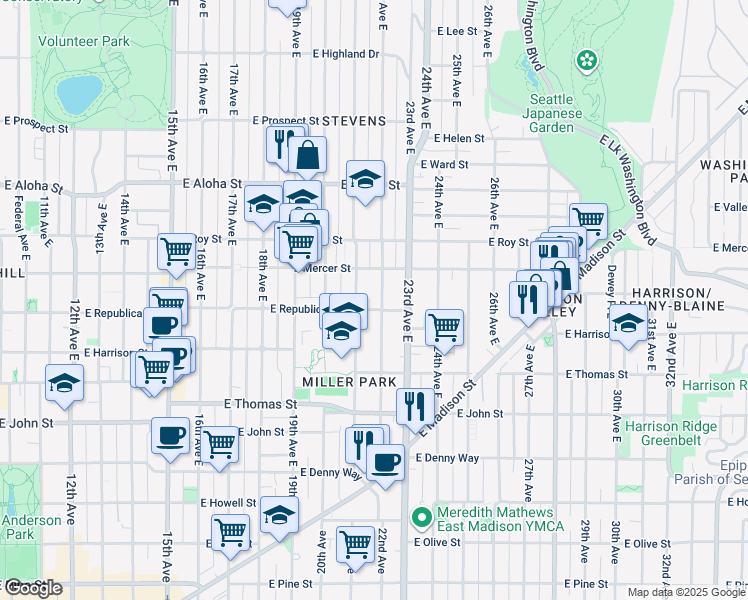 map of restaurants, bars, coffee shops, grocery stores, and more near 507 22nd Avenue East in Seattle