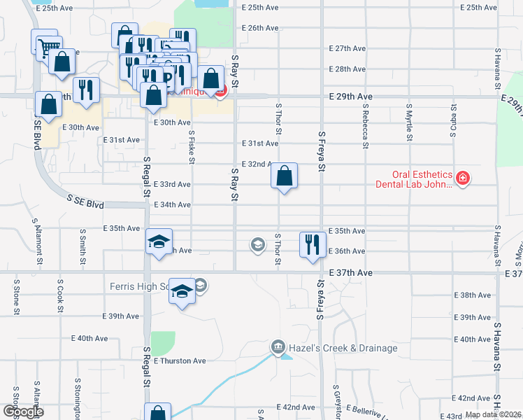 map of restaurants, bars, coffee shops, grocery stores, and more near 3308 East 34th Avenue in Spokane