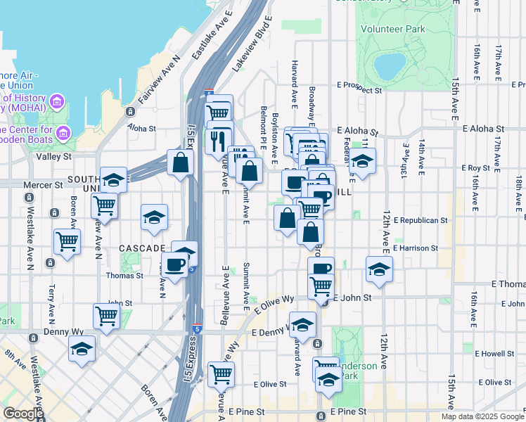 map of restaurants, bars, coffee shops, grocery stores, and more near 505 Belmont Avenue East in Seattle