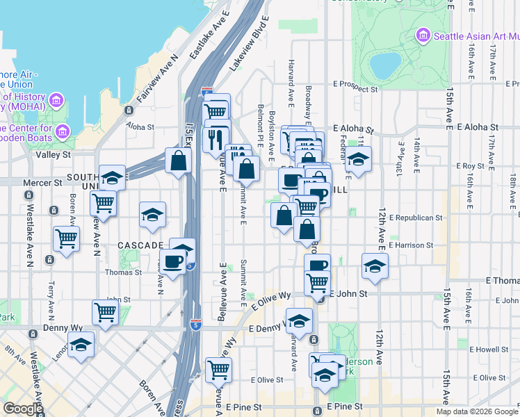 map of restaurants, bars, coffee shops, grocery stores, and more near 505 Belmont Avenue East in Seattle