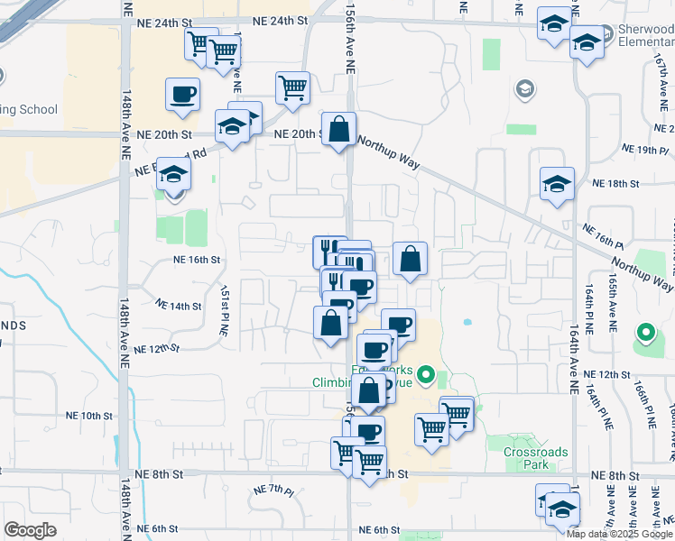 map of restaurants, bars, coffee shops, grocery stores, and more near 1505 156th Avenue Northeast in Bellevue