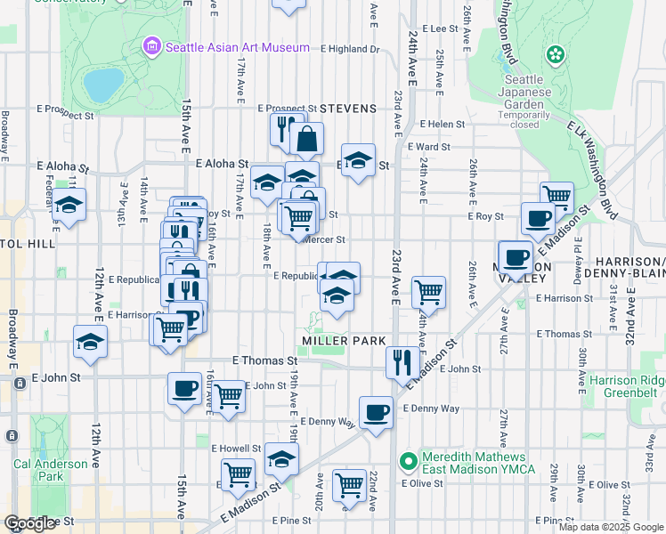map of restaurants, bars, coffee shops, grocery stores, and more near 506 20th Avenue East in Seattle