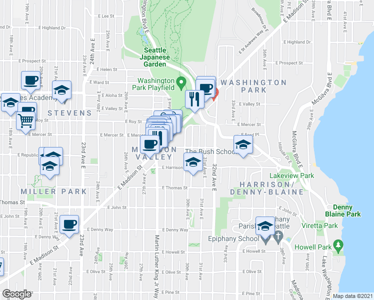 map of restaurants, bars, coffee shops, grocery stores, and more near 432 Dewey Place East in Seattle