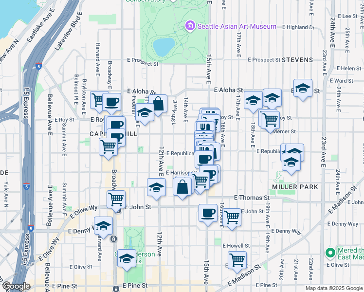 map of restaurants, bars, coffee shops, grocery stores, and more near 515 14th Ave E in Seattle