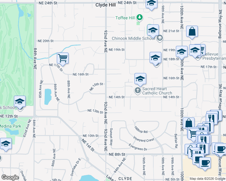 map of restaurants, bars, coffee shops, grocery stores, and more near 1436 92nd Avenue Northeast in Clyde Hill