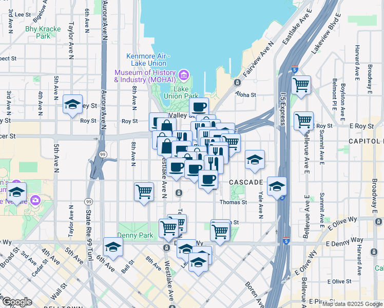 map of restaurants, bars, coffee shops, grocery stores, and more near 500 Boren Avenue North in Seattle