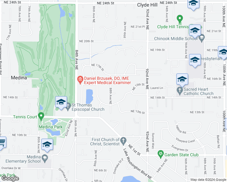 map of restaurants, bars, coffee shops, grocery stores, and more near 8820 Northeast 15th Place in Clyde Hill