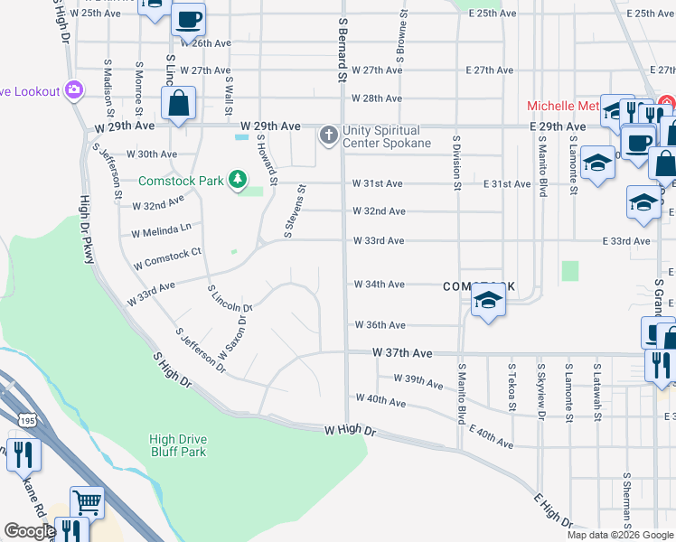 map of restaurants, bars, coffee shops, grocery stores, and more near 3328 South Bernard Street in Spokane